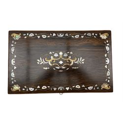 Victorian rosewood, mother-of-pearl and brass writing slope, the case inlaid with scrolling foliage and shells, enclosing a gilt tooled leather writing surface and fitted stationery compartments, L41cm, H15.5cm, D24.5cm