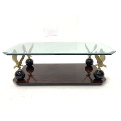 'Hollywood regencry' retro brass eagle Vintage coffee table, with bevelled plate glass top raised on four brass eagles surmounting a quarter saw veneered mahogany base, W120cm x 71cm, H40cm