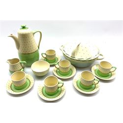 Art Deco Gray's Pottery 'Sunbuff' coffee set for six decorated with green and polka dot bands, together with a Susie Cooper tureen 