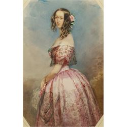 François Théodore Rochard (French 1798-1858): Lady in a Pink Dress Holding a Handkerchief, octagonal watercolour signed and dated 3.49, 40cm x 26cm