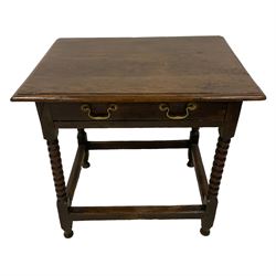 18th century oak side table, figured moulded rectangular top over single drawer, on bobbin turned supports joined by plain stretchers