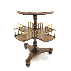 William IV walnut book table, the circular bur top over cruciform under tier with gilded gesso gallery, raised on turned column leading to trefoil base and turned supports housing recessed castors, 56cm x 56cm, H66cm