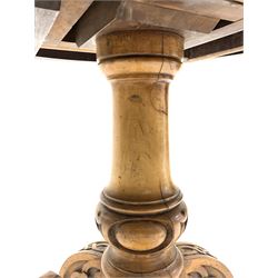 Victorian maple tilt top table by 'Chindley & Sons', circular top over turned column leading to three leaf carved splayed supports with castors D91cm, H74cm
