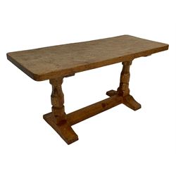 Mouseman - adzed oak rectangular coffee table, octagonal pillar supports on sledge feet joined by stretcher, carved with mouse signature, by Robert Thompson of Kilburn