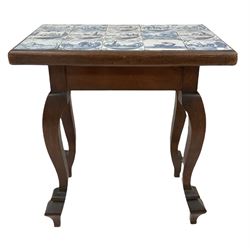 19th century Dutch walnut and mahogany side table, the associated top inset with blue and white ceramic tiles, raised on four shaped cabriole supports W67cm