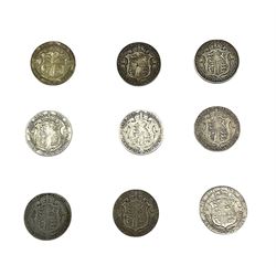 Nine King Edward VII halfcrown coins, dated 1902, two 1903, 1904, 1906, 1907, 1908, 1909 and 1910