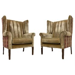 Pair George III design wing back armchairs, the vertically cushion ribbed interior upholstered in champagne velvet fabric, the exterior with striped and patterned fabric with butterfly decoration, raised on square tapering supports (2)