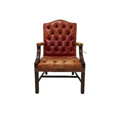 Regency style open armchair, upholstered in buttoned red leather with stud work, moulded arm and front supports 