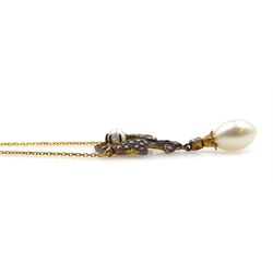 Gold and silver pearl and diamond pendant necklace, the necklace chain stamped 375 