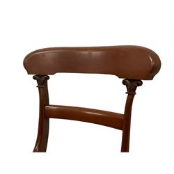 Set three early Victorian mahogany dining chairs, shaped bar back on foliate carved capitals, plain seat rails with drop-in upholstered seats, on turned front supports, one carver and two side chairs