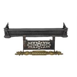 Victorian cast iron fire fender with pierced decoration, L82cm together with an iron and brass grate-hanging trivet (2)
