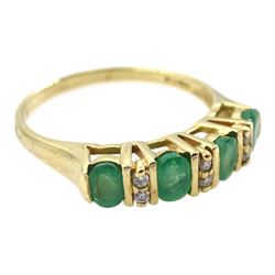 9ct gold four stone oval emerald and six stone diamond ring, hallmarked