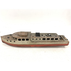 Wooden built steam powered river launch/cabin cruiser, possibly by Bassett Lowke, with removeable decking, red and white livery, L127cm, circa 1930s/40s