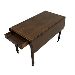 George III drop leaf table, the drop leaf top over one frieze drawer, raised on turned supports 