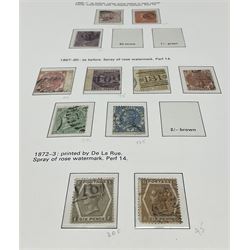 Great British Queen Victoria and later stamps including penny black, red MX cancel, various penny reds, used 1883-4  five shillings, King Edward VII stamps, King George V seahorses, King George VI 1939-48 mounted mint set with values to one pound including dark blue ten shillings etc, housed in a 'Great Britain' album