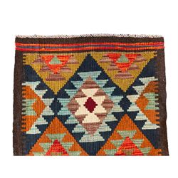 Maimama Kilim runner rug, the indigo field decorated with rows of lozenges in contrasting colours surrounded by a dark border