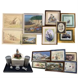 Collection five framed embroideries including ones of Amsterdam and Alaska, Swarovski crystal shell, bell and car, Colour Box figure, mostly boxed, A Halsall (British 20th century): Beached Cobles, oil on board signed and dated 1980; T H Robinson (British early 20th century): Cottage Scenes, pair watercolours signed and dated 1925 together with a small coastal watercolour and 5 prints/embroideries max 36cm x 34cm