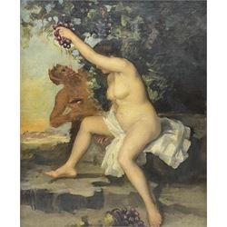 Italian School (Mid-19th century): Nude Maenad Feeding Satyr or Bacchus Wine in a Classical Landscape, oil on canvas unsigned 53cm x 34cm