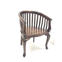 Pair of hardwood slatted tub shaped chairs (W63cm) together with a Georgian style mahogany bow front corner cupboard (W72cm)