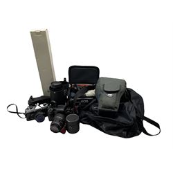 Camera equipment to include a Fujica ST605N film camera, Vivitar 90-230mm lens, Canon EOS 1000, Pentax SFX, Super-Paragon PMC 1:2.8 f=35mm lens, digital cameras and other accessories