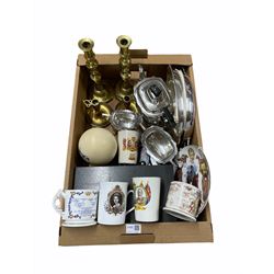 Three piece silver-plated tea set, pair of brass candlesticks, pair of chamber sticks and miscellanea in one box