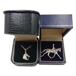 Silver horse's head pendant necklace and a silver dressage horse, both stamped 925