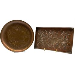 Keswick School of Industrial Art rectangular copper tray embossed with stylised flowers 19cm x 12cm and a Keswick copper circular tray D17cm (2)
