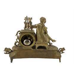 French - 19th century gilt metal 8-day mantle clock, with a seated figure of an artist, Parisian drum movement with a white enamel dial and moon hands, twin train countwheel striking movement striking the hours and half hours on a bell. No pendulum. 
