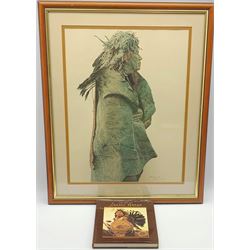 James Elliott Bama (1926-), 'Crow Indian Wearing 1860's War Medicine Bonnet', signed and numbered 6531000 in pencil, 60cm x 46cm, with accompanying book 'The Art of James Bama' by Elmer Kelton (2)