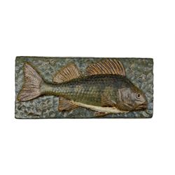 Danish stoneware wall plaque depicting a fish by Ejvind Nielsen, signed verso, 29cm x 13cm 