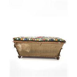19th century mahogany ottoman, the upholstered hinged top over tapered rectangular structure, raised on bun supports W115cm