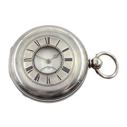 Victorian silver half hunter English lever fusee pocket watch by James Bishopp, 20 Bunhill Row London, No. 54321,  engraved balance cock and diamond endstone, enamel dial with Roman numerals and subsidiary seconds dial, case by George John Oliphant, London 1873