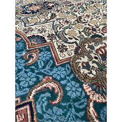 Persian design fawn ground rug, floral medallion and field with colourful spandrels, guarded border 288cm x 178cm