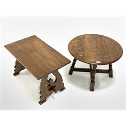 18th century style oak circular occasional table, raised on turned block supports united by 'X' stretcher, (D61cm) and a Bavarian style oak stretcher table, with pierced and shaped panel end supports and pegged stretcher, (68cm x 40cm, H44cm) 