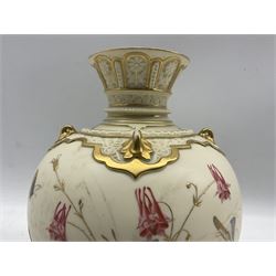 Late Victorian Royal Worcester Persian style vase, of globular form with floral moulded flared rim, the ivory ground heightened in gilt with Butterflies, flowers and foliage, on moulded foot, with puce printed marks beneath including shape number 1257, and date code for 1888, H21.5cm 