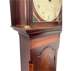 George IV mahogany longcase clock of small proportions by William Dixon of Pickering c1825,  with an ogee shaped pediment and twin eagle finials, satinwood crossbanding with oval conch shell inlay, break arch hood door and flanking pillars with brass capitals, mahogany trunk with inlaid canted corners and conforming break arch door, on a square plinth with inlay and splayed bracket feet, painted dial with geometric spandrels and depiction of a highland solder to the break arch, with upright Arabic numerals, minute track and matching stamped brass hands, dial inscribed “Wm. Dixon, Pickering”, dial pinned to a chain driven thirty hour countwheel striking movement striking the hours on a bell. With weight and pendulum. 
William Dixon was apprenticed in 1788 to Richard Scurr of Thirsk, then recorded as working in his own right from Boroughgate, Pickering, 1804-40