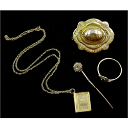 Victorian 15ct gold brooch, gold diamond stick pin, ring and Holy Bible pendant necklace, all 9ct hallmarked or tested