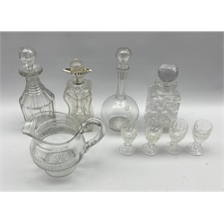 Late Victorian waisted glass decanter with silver collar London 1893, four Waterford Colleen pattern liqueur glasses, three various glass decanters and a hobnail cut water jug