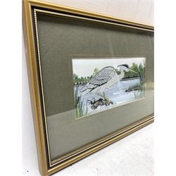 19th century woven silk Stevengraph 'The Good Old Days' 15cm x 5cm and a woven silk picture of a Heron by Cash's (2)