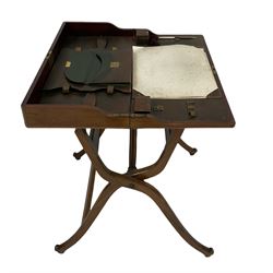Edwardian mahogany campaign folding desk, with inlaid decoration, opening to reveal interior fitted for writing, raised on an 'X' frame