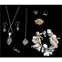 9ct gold jade heart pendant necklace and a collection of silver and silver stone set jewellery including charm bracelet, two rings, pendant necklace and pair of matching earrings etc