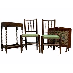 Pair of 19th century spindle back dining chairs with upholstered seats and turned supports, together with an oak canteen table, a mahogany fire screen with needlework panel, and a late 19th century French fauteuil chair 