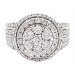 18ct white gold round brilliant cut diamond cluster ring, with diamond set shoulders, stamped 750, total diamond weight 1.50 carat