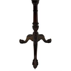 Georgian design mahogany tripod specimen table, the octagonal tilt-top inlaid with segmental wood veneers including walnut, cherry, oak, maple, yew, sycamore, birdseye maple, zebra, myrtle etc. on turned column with twist baluster, three splayed acanthus carved supports with ball and claw feet