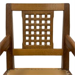Rabbitman - oak elbow carver chair, pierced and carved lattice back, on octagonal supports united by H stretchers, carved with rabbit signature, by Peter Heap, Wetwang
