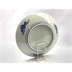 20th Century Japanese charger decorated with figures and lake landscape in blue and white D37cm 
