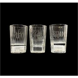 18th century small glass tumbler, the base inset with dice and engraved with pugilists and inscribed 'B F 1795' another inscribed '3 Evils' and another, without dice 'Success to the Renown' with the vessel to the reverse H8.5cm each 