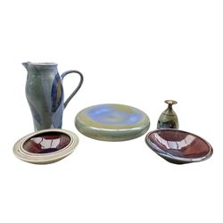 Cobridge pottery high fired circular centrepiece D27cm, Michelle Beverley jug, flambé style stoneware bowl and vase, both with seal marks and another bowl (4)