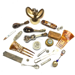 19th century tortoiseshell and silver mounted cigar holder case, hallmarked silver pencil holder, 19th century mother of pearl and gilt metal Etui of egg form containing two glass scent bottles, Italian novelty miniature guitar and mandolin, silver thimbles and miscellanea in one box