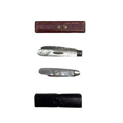 Victorian silver bladed and mother of pearl fruit knife Sheffield 1852 Maker John Nowill and another Sheffield 1901 Maker Lockwood Bros, both in original leather cases